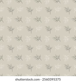 Seamless pattern, beige leaves background with a botanical pattern in pastel shades. Template for fabric, wrapping paper, wallpaper