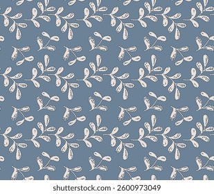 Seamless pattern with beige leaves in monotone colors on blue background. Simple branch dotted outline leaves pattern. For fabric, wrapping, textile, wallpaper, background.