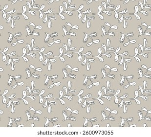 Seamless pattern with beige leaves in monotone colors on grey background. Simple branch dotted outline leaves pattern. For fabric, wrapping, textile, wallpaper, background.