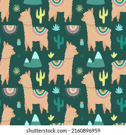 Seamless pattern of beige llamas or alpacas, mountains, cacti, sun on a green background. Image for children, room, textile, clothes, cards, wrapping paper. Hand-drawn illustration.