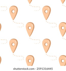 Seamless pattern with beige location pins and dotted travel path in flat style on white background

