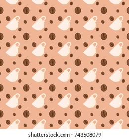 Seamless pattern with beige mugs and coffee beans for coffee shop.