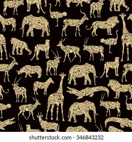 Seamless Pattern With Beige Ornamental African Animals On The Brown