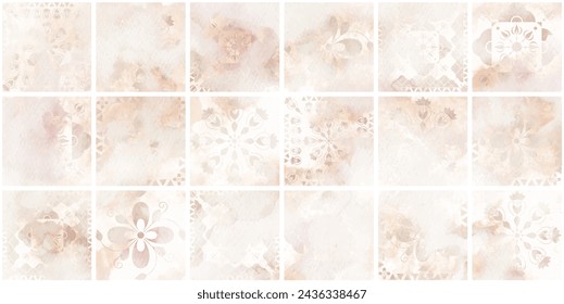 Seamless pattern with beige, pink, orange geometric ornaments. Old, antique square tile. Endless design for wall, floor ceramic interior design.