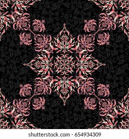 Seamless pattern in beige, pink and orange colors overblck backdrop. Oriental ornament for textile print. Islamic vector design.