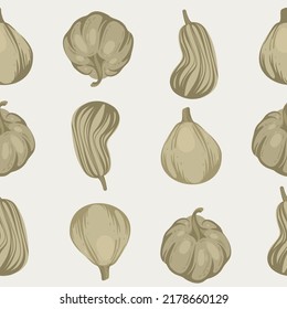 Seamless pattern of beige pumpkins. Hand draw vector cartoon. Fall and halloween decoration. Vector vegetable illustration.