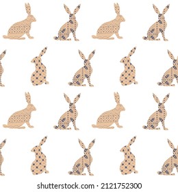Seamless pattern. Beige rabbit silhouette set with elements in Scandinavian folk style. Hare with ornament. Flat Vector illustration. Cute Easter bunny. Simple and minimal design in warm earth tone