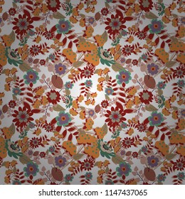 Seamless pattern with a beige, red and white bright summer floral print, flowers, foliage. Vector illustration.