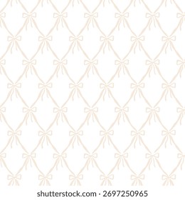 Nahtloses Muster mit beigen Schleifen auf weißem Hintergrund. Elegantes und minimalistisches Vektordesign, perfekt zum Verpacken von Papier, Stoffdrucken, Verpackungen, Hochzeitspapieren und femininer Dekoration.