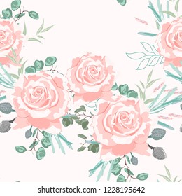 Seamless pattern with beige roses with herbs and eucalyptus. Hand drawn background. Floral pattern for wallpaper or fabric. Pastel background.