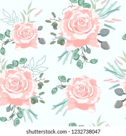 Seamless pattern with beige roses with herbs and eucalyptus. Hand drawn background. Floral pattern for wallpaper or fabric. Mint background.