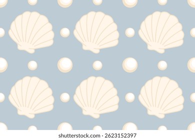 Seamless pattern with beige scallop shells and pearls on a pastel blue background. Perfect for beach-themed packaging, summer decor, and textiles.

