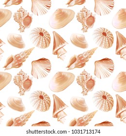 Seamless pattern with beige seashells. Vector illustration. Under the sea. Underwater life, urchin. Mollusc.