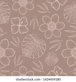 Seamless pattern with beige silhouettes of palm leaves and exotic flowers on a soft gray background.Tropical summer print for fabric,wrapping paper, wallpaper, planners, mugs, background for your design