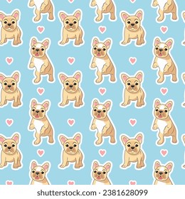 Seamless pattern of beige sitting and jumping cute baby French bulldogs on a blue background with hearts	