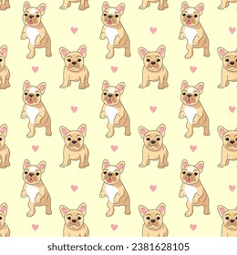 Seamless pattern of beige sitting and jumping cute baby French bulldogs on a light background with hearts