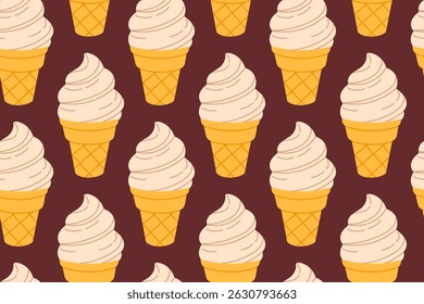 Seamless pattern of beige soft serve ice cream cones on dark brown background, great for stylish dessert packaging and food visuals