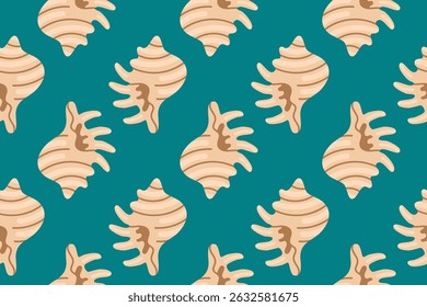 Padrão contínuo com conchas espiral bege em fundo azul-petróleo, ideal para projetos de design com temas marinhos, de praia ou de verão