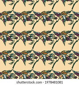 seamless pattern beige with sprig of ficus stained glass vector