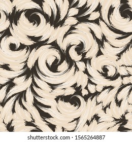 Seamless pattern of beige strokes with white splashes. Watercolor blots in the form of curls of spirals and circles on a brown background. Seamless pattern for clothes and packaging in pastel colors.