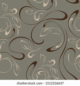 seamless pattern with beige stylized leaves and brown curls on a gray background