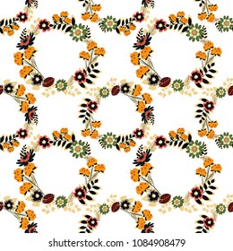 Seamless pattern with a beige, yellow and black bright summer floral print, flowers, foliage. Vector illustration.