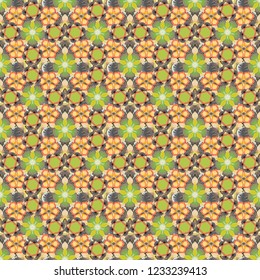 Seamless pattern in beige, yellow and green colors. Vector cute floral pattern in the small flowers. Hand drawn abstract ditsy flowers.