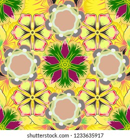 Seamless pattern with beige, yellow and green elements for design in retro style. Vintage pattern. Universal vector pattern for wallpapers, textile, fabric, wrapping paper, packaging box etc.
