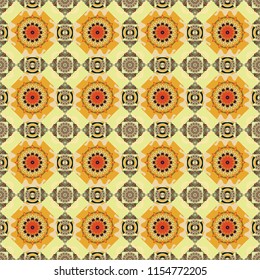 Seamless pattern in beige, yellow and orange colors. Vector abstract home decorative ornament, containing from geometric figures and mandalas.