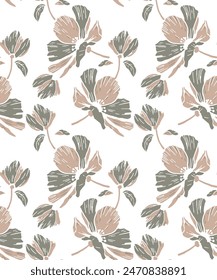Seamless pattern with beige,green lilies and peonies on a white background. Surface design. Texture for fabric, wallpaper, paper. Vector illustration.