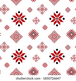 Seamless pattern with Belarusian traditional ornament in historical red and white colors. National slavic folk symbols from Belarus on repeating background for prints, textiles and fabric design.