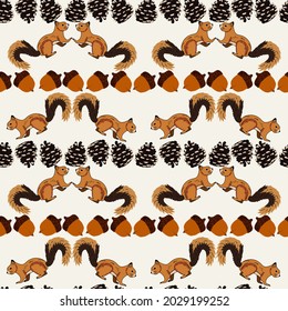 Seamless pattern from Belcock with fluffy tails with cones, acorns, nuts, mushrooms. Colored flat illustration for kids creativity, winter cards, Christmas greetings.