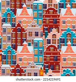 Seamless pattern with Belgian and Dutch houses. Background with winter old houses in the snow. illustration in a flat cartoon style for packaging, wallpaper, design, decor for Christmas and New Year