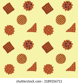 seamless pattern of Belgian waffles in a flat style on a beige background. For wallpaper, wrapping paper, screensavers. Homemade cakes, breakfast