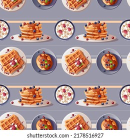 Seamless pattern with Belgian waffles and pancakes. Healthy eating, nutrition, cooking, breakfast, food, dessert, recipes concept. Vector illustration.