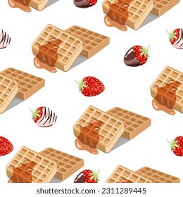 Nahtloses Muster belgischer Waffeln und Erdbeeren auf weißem Hintergrund.Vektorbild für Textilien, Papier, Hintergründe.
