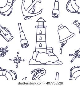 Seamless pattern  with bell, knot, message in a bottle, lighthouse, compass rose, anchor, telescope, lifebuoy.