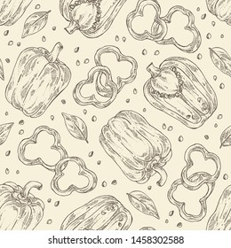 Seamless pattern with bell pepper,: a piece of bell pepper, and seeds. Vector hand drawn illustration.