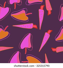 Seamless    pattern  of Bell peppers, carrots,  spots, hole. Hand drawn.