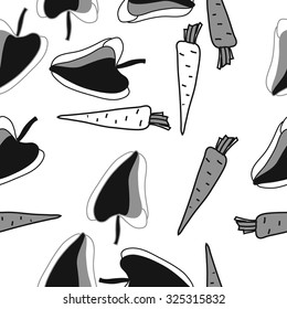 Seamless    pattern  of Bell peppers, carrots,  spots, hole. Hand drawn.