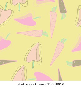 Seamless    pattern  of Bell peppers, carrots,  spots, hole. Hand drawn.
