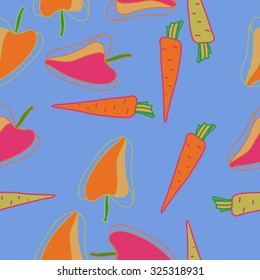 Seamless    pattern  of Bell peppers, carrots,  spots, hole. Hand drawn.