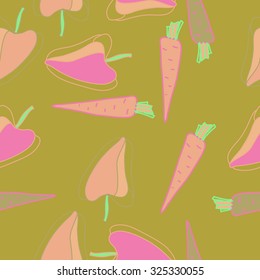 Seamless    pattern  of Bell peppers, carrots,  spots, hole. Hand drawn.