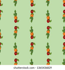 Seamless pattern with bell peppers and leaves. Endless pattern with red, yellow and green sweet peppers on light green background