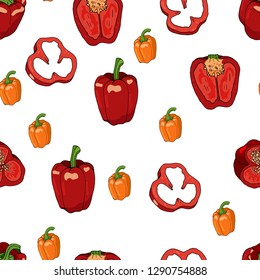 Seamless pattern with bell peppers and bell pepper slices. Endless pattern with red and yellow sweet peppers on white background