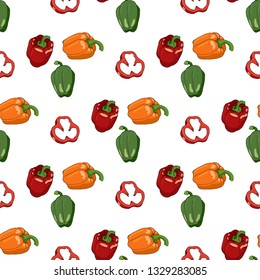 Seamless pattern with bell peppers and bell pepper slices. Endless pattern with red, green and yellow sweet peppers on white background