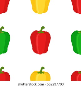 Seamless pattern of bell peppers. Red, green, yellow, sweet pepper. Flat vector style.