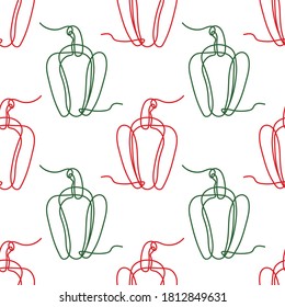 Seamless pattern with bell peppers. Ripe and bright pepper on a white background. Wallpaper, print, banner, wrapping paper, promotional material. Vector illustration.