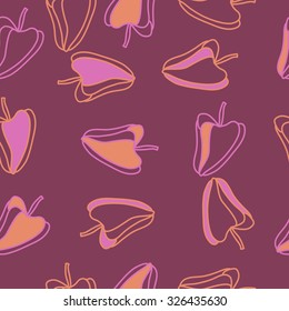 Seamless pattern of bell peppers, spots. Hand drawn.