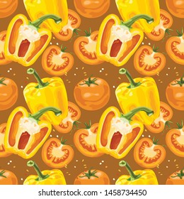Seamless pattern with bell peppers and tomatoes. Half a ripe pepper and half a ripe tomato. Bright, juicy, summer background with vegetables. Vector illustration.